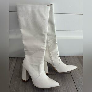 White Croc-Embossed Knee-High Boots